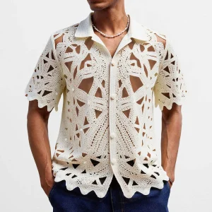 2025 Summer New Men's Hollow Short Sleeve Shirt American Retro Fashion Trend Street Casual Loose Breathable Niche Men's Tops