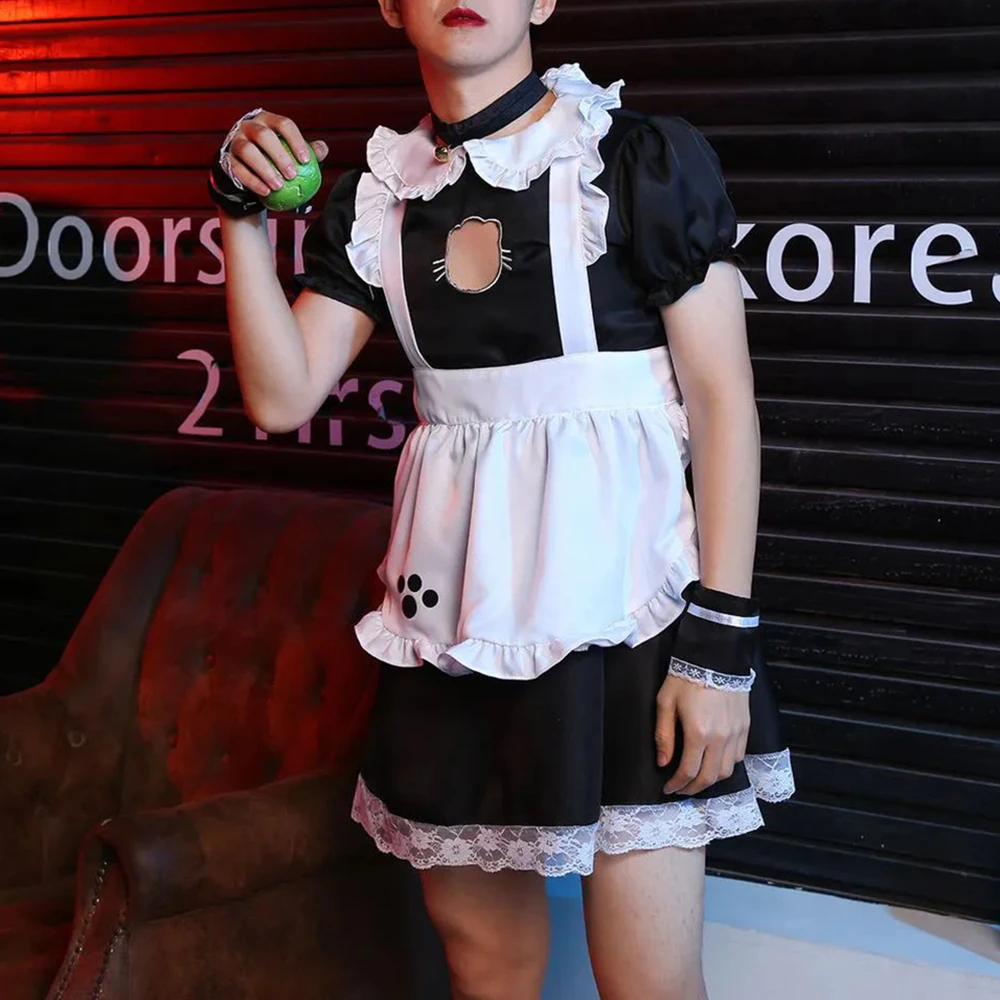 Mens Erotic Sexy Cute Dress Suit Genderless Youth Cosplay Lolita Male Maid Maid Headband Neckband Wristband Skirt Suit Unisex - Image 4