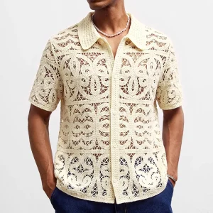 2026 Summer New Men's Hollow-Out Short-Sleeve Shirt American Retro Fashion Trendy Street Loose Casual Breathable Men's Top