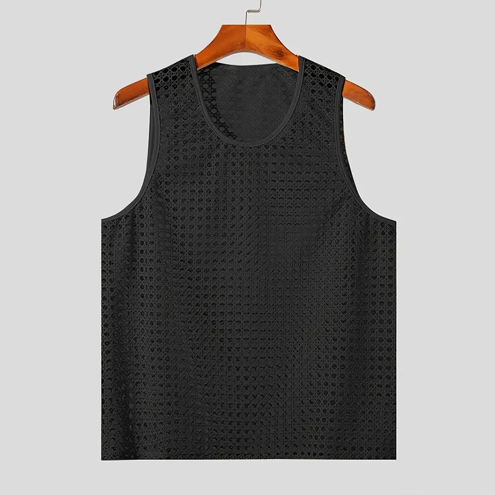 Summer Men's Solid Hollow Mesh Knitted Sleeveless Vest Sexy Fashion Casual Trend Simple Loose Breathable Sports Gym Men's Tops - Image 6