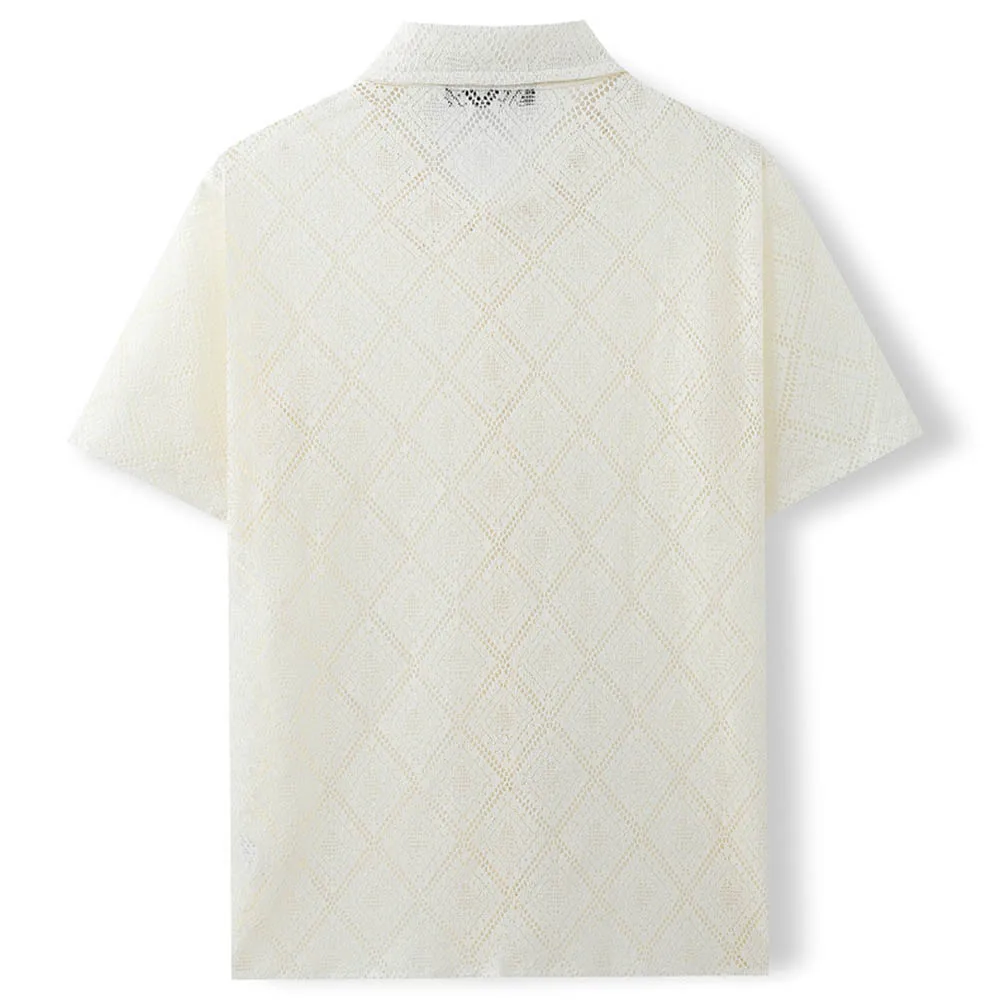 Men's Solid Color Jacquard Hollow Short-Sleeved Shirt American Retro Fashion Trend Loose Breathable Casual Niche Men's Tops - Image 6