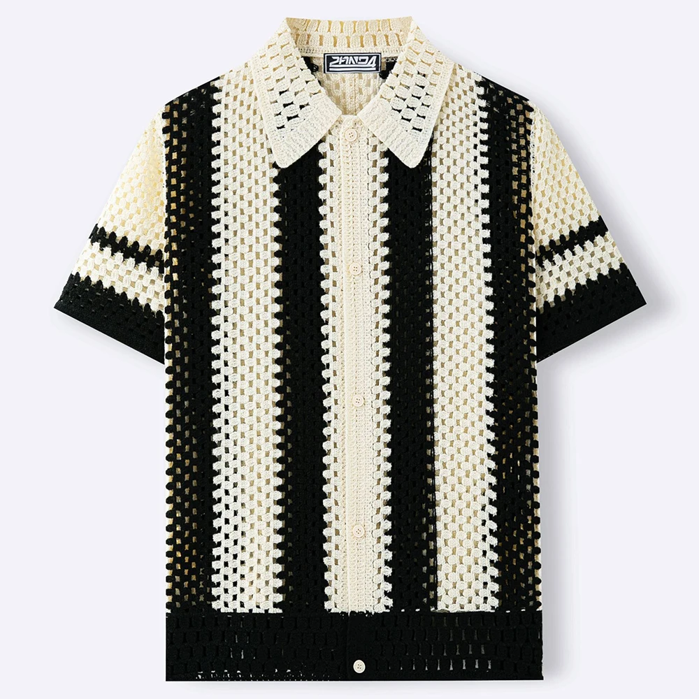 2026 Summer New Men's Striped Knit Short-Sleeve Shirt American Retro Fashion Trendy Street Casual Loose Breathable Men's Top - Image 2