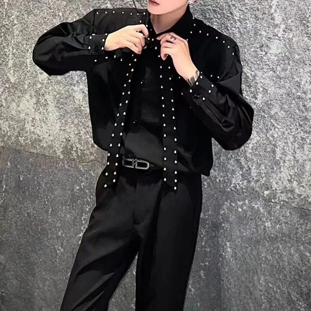 Mens Shirts Rivets Ribbons Casual Shirts Streetwear Trendy Niche Youth Campus Performance Long-Sleeved Tops Men'S Clothing 2025 - Image 2