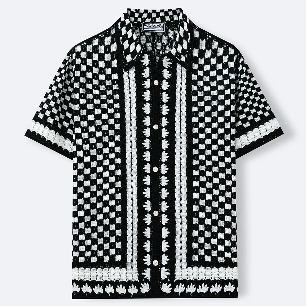 2026 Summer New Men's Jacquard Knit Short-Sleeve Shirt American Retro Fashion Trendy Casual Loose Breathable Niche Men's Top - Image 3