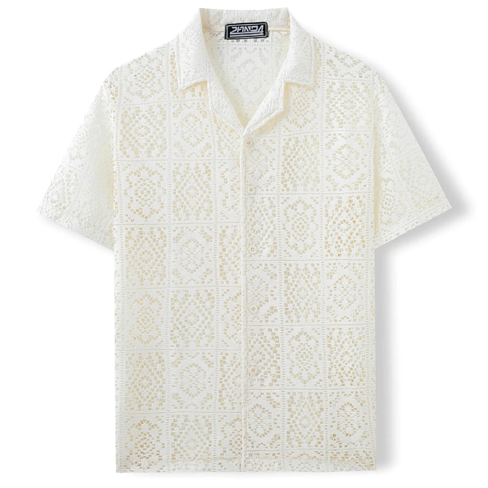 Summer New Men's Knitted Lace Hollow Short-Sleeved Shirt American Retro Fashion Trend Loose Casual Breathable Niche Men's Tops - Image 7
