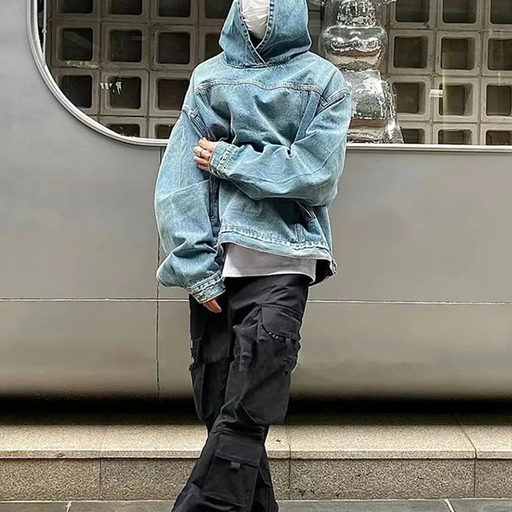 Mens Autumn Fashion Denim Washed Distressed Retro Hoodie Genderless Street Fashion Casual Loose Denim Sweatshirt Unisex - Image 2