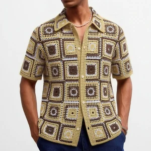2026 Summer New Men's Knitted Short-Sleeve Shirt American Retro Fashion Trendy Vacation Casual Loose Fit Niche Men's Tops