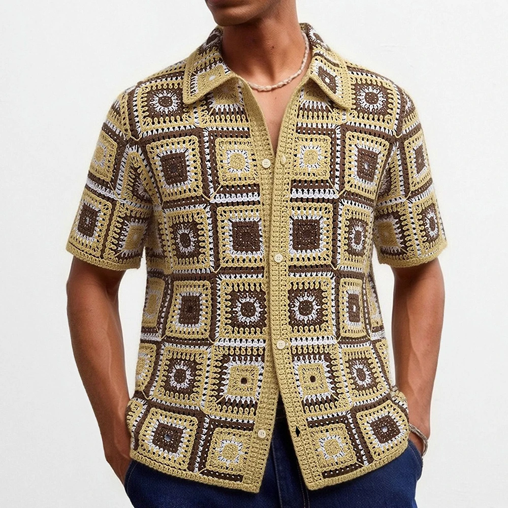 2026 Summer New Men's Knitted Short-Sleeve Shirt American Retro Fashion Trendy Vacation Casual Loose Fit Niche Men's Tops