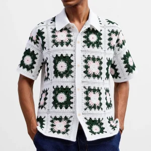 2025 Summer New Men's Hollow Knitted Short Sleeve Shirt French Retro Fashion Trend Casual Loose Breathable Niche Men's Tops