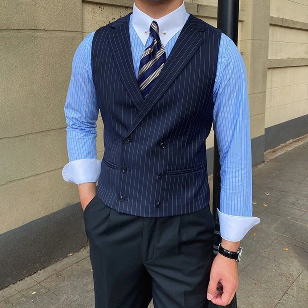 British Style Business Men's Striped Suit Vest Retro Double-breasted Elegant Slim Lapel Casual Men's Vest Retro Waistcoat Trendy - Image 2