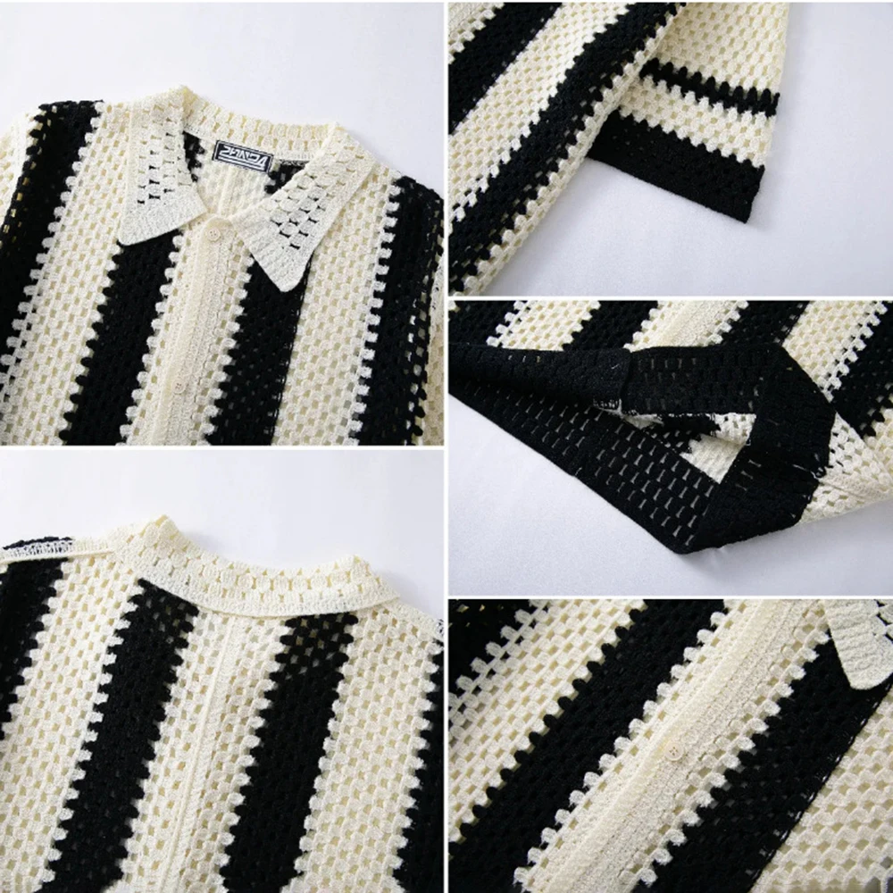 2026 Summer New Men's Striped Knit Short-Sleeve Shirt American Retro Fashion Trendy Street Casual Loose Breathable Men's Top - Image 4