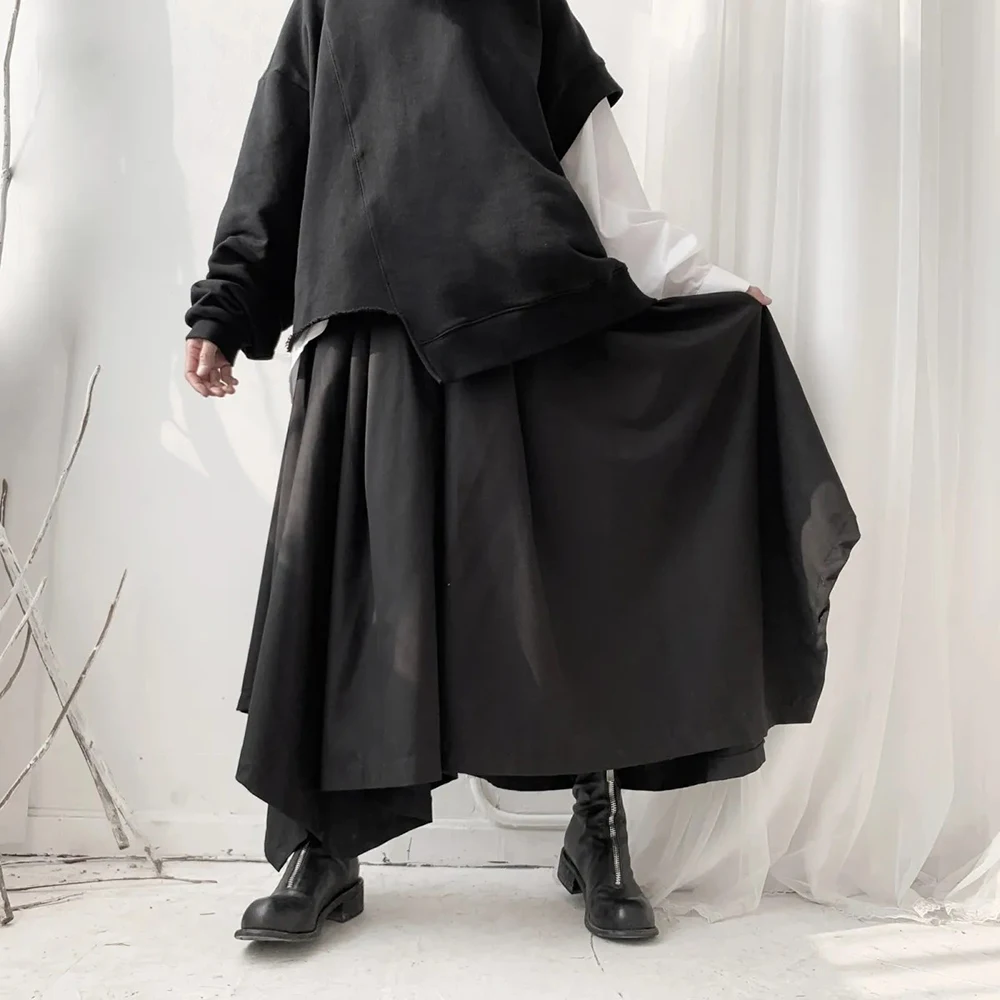 Y2k Gothic Dark Skirt Pants Irregular Pleated Casual Hakama Genderless Japanese Streetwear Fashion Wide Leg Samurai Pants Unisex - Image 2