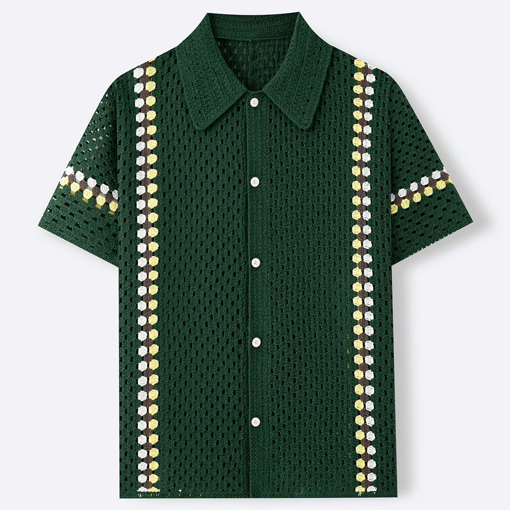Summer New Men's Hollow-Out Knit Short-Sleeve Shir American Retro Fashion Trendy Street Loose Casual Breathable Men's Tops - Image 3