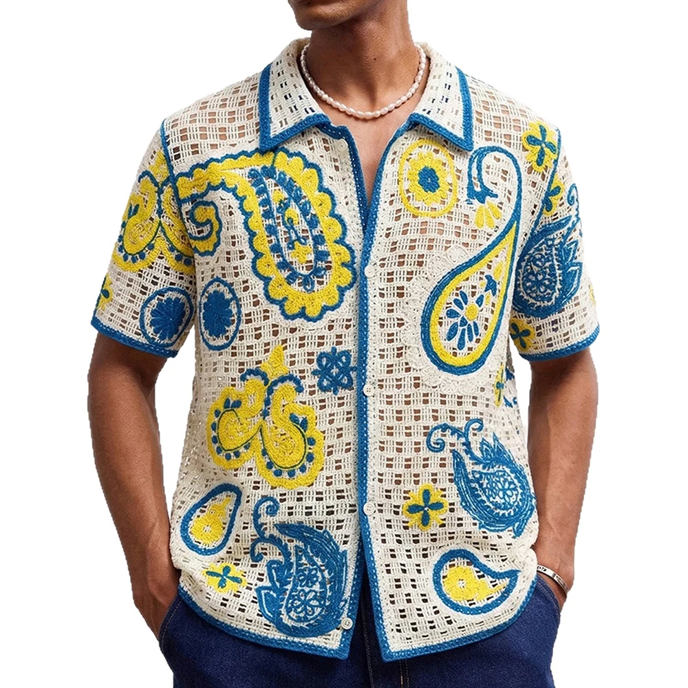 2026 Summer New Men's Jacquard Short-Sleeve Shirt American Retro Fashion Trendy Street Style Loose Casual Breathable Men's Top - Image 3