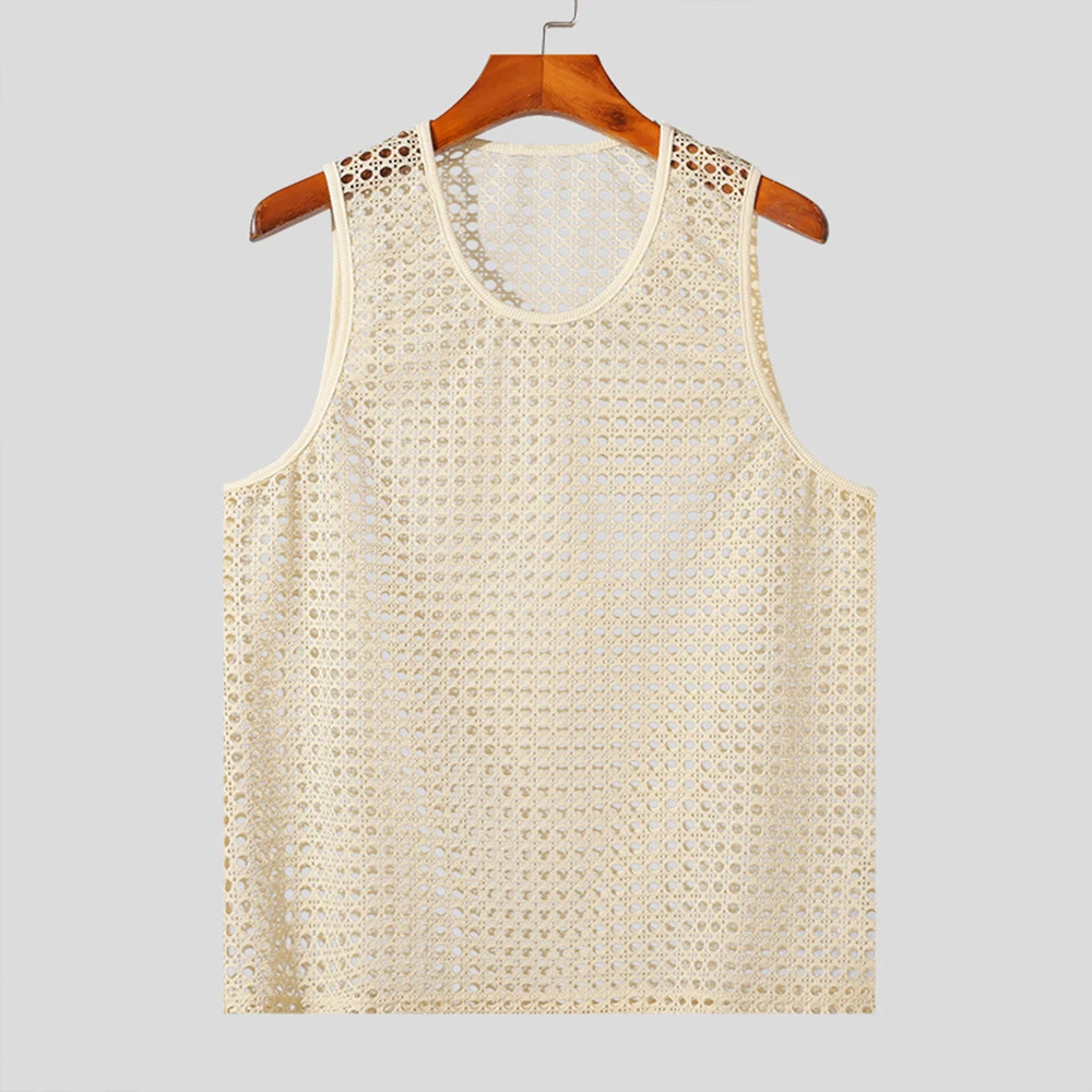 Summer Men's Solid Hollow Mesh Knitted Sleeveless Vest Sexy Fashion Casual Trend Simple Loose Breathable Sports Gym Men's Tops - Image 2
