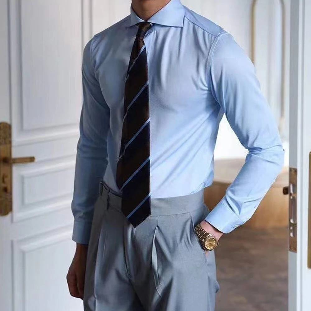 Mens Business Slim Casual Long-Sleeved Shirt 2025 Summer New Fashion Trend Solid Color Party Stage Formal Shirt Mens Clothing - Image 3