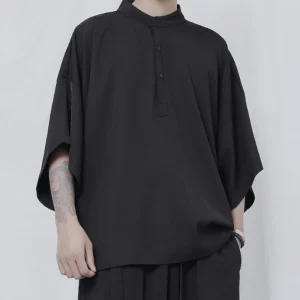 Mens Minimalist Plain Japanese Half Sleeves Shirt Streetwear Fashion Nightclubs Loose Fit Versatile Short-Sleeve Tops 2026 New