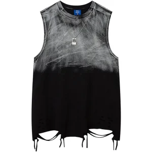 Summer New Men's Color Matching Raw Edge Sleeveless Vest American Retro Fashion Trend Street Loose Breathable Niche Men's Tops