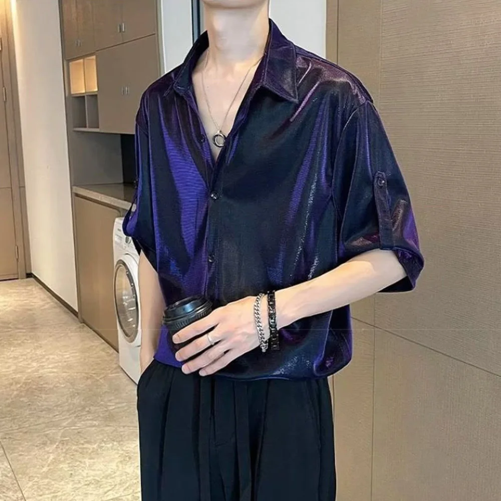Men Y2k Satin Metallic Shirt Fashion Nightclub Harajuku Youth Personality Performance Clothing Short-Sleeve Tops Men 2024 Summer - Image 9
