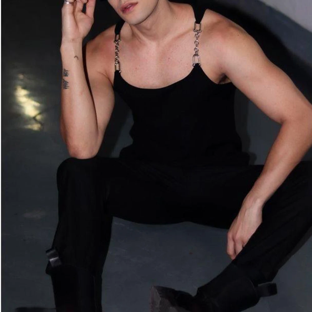 Summer New Men's Solid Color Metal Chain Camisole Vest Korean Retro Fashion Trend Street Casual Slim Breathable Niche Men's Tops - Image 2