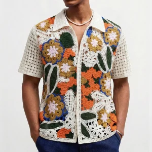 2026 Summer New Men's Knitted Short-Sleeve Shirt American Retro Fashion Trendy Street Casual Breathable Niche Men's Tops