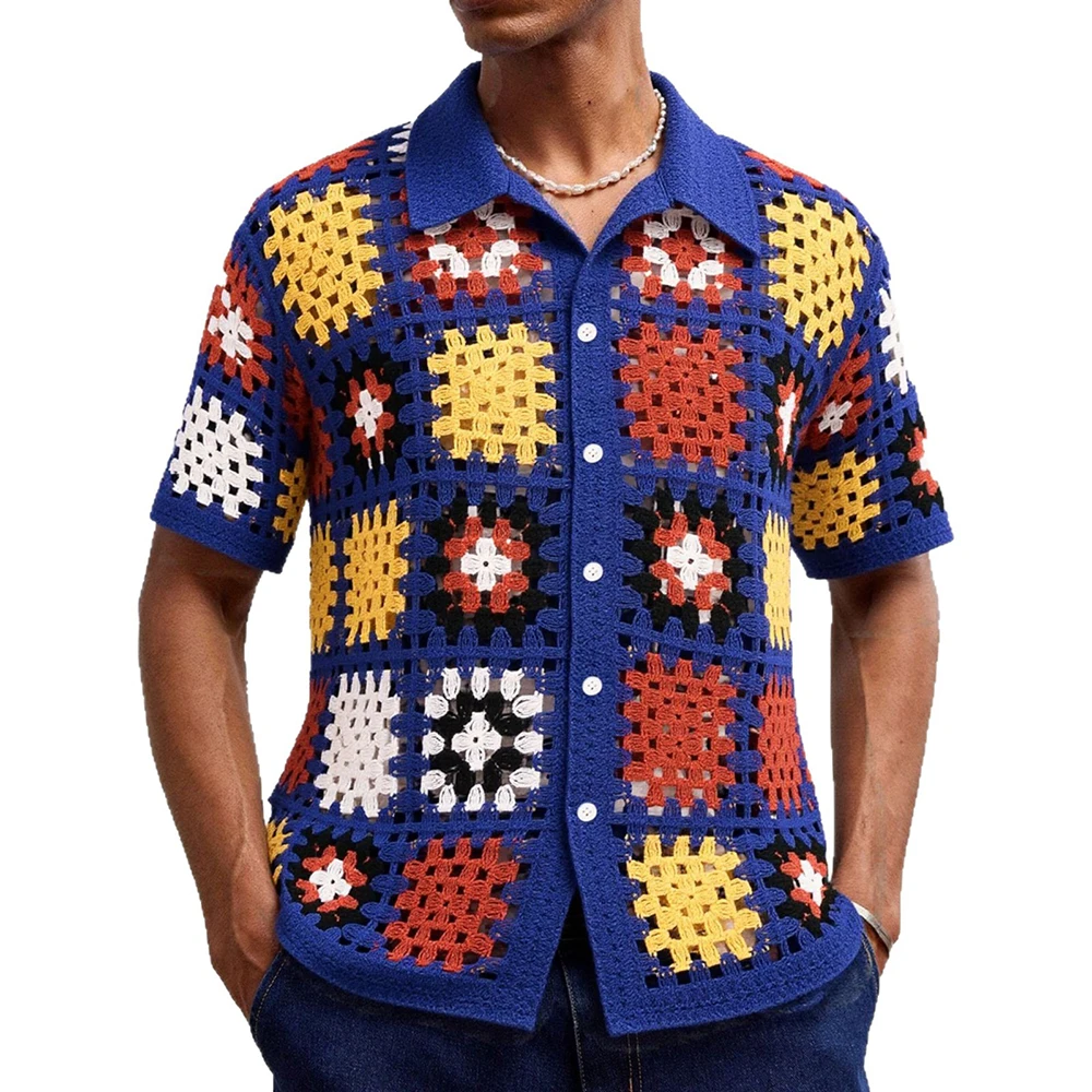 Men's Hollow Knitted Short-Sleeved Shirt American Retro Fashion Trend Casual Loose Breathable Niche Summer New Men's Tops - Image 2