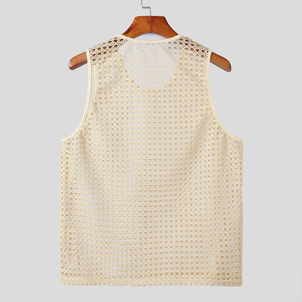 Summer Men's Solid Hollow Mesh Knitted Sleeveless Vest Sexy Fashion Casual Trend Simple Loose Breathable Sports Gym Men's Tops - Image 3