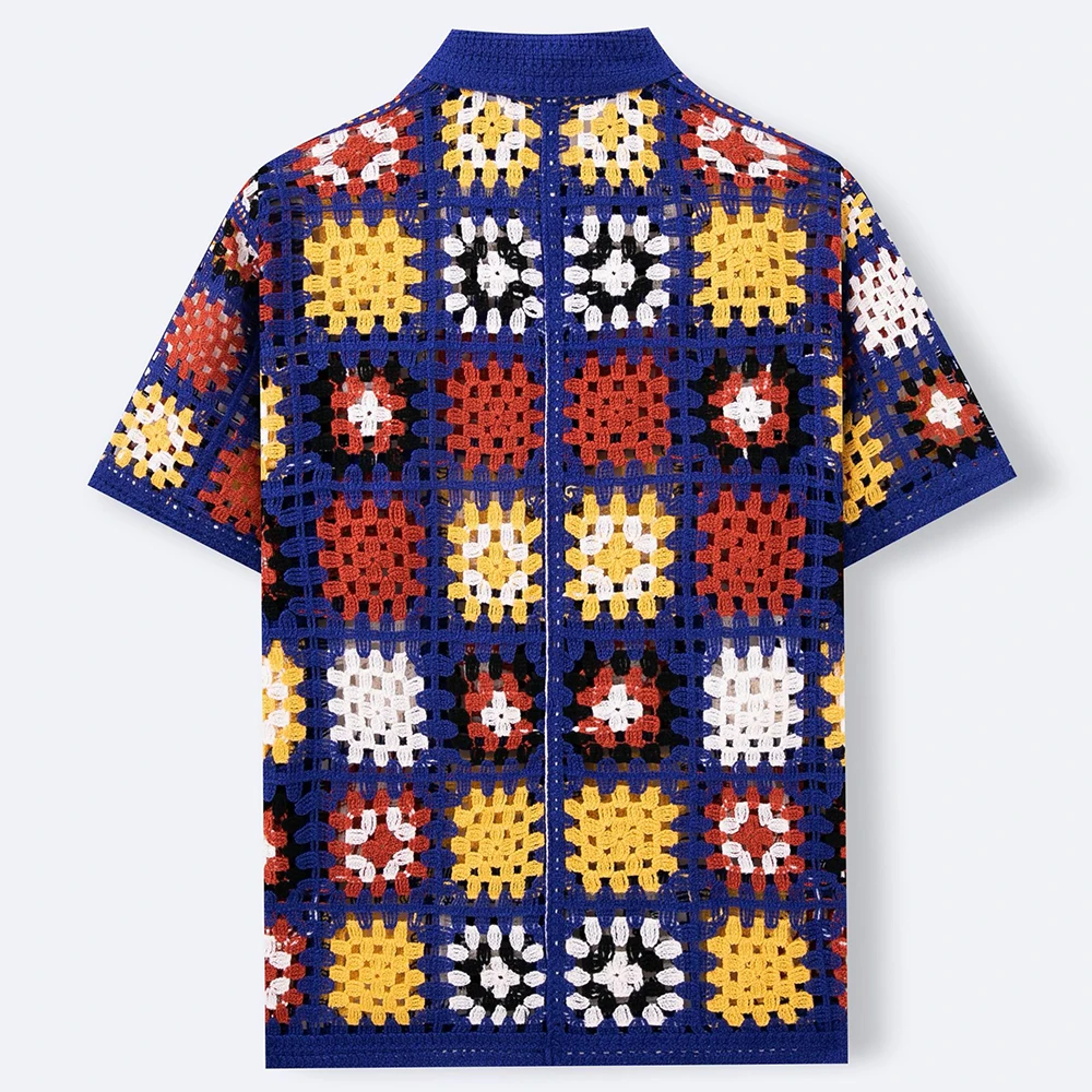 Men's Hollow Knitted Short-Sleeved Shirt American Retro Fashion Trend Casual Loose Breathable Niche Summer New Men's Tops - Image 3