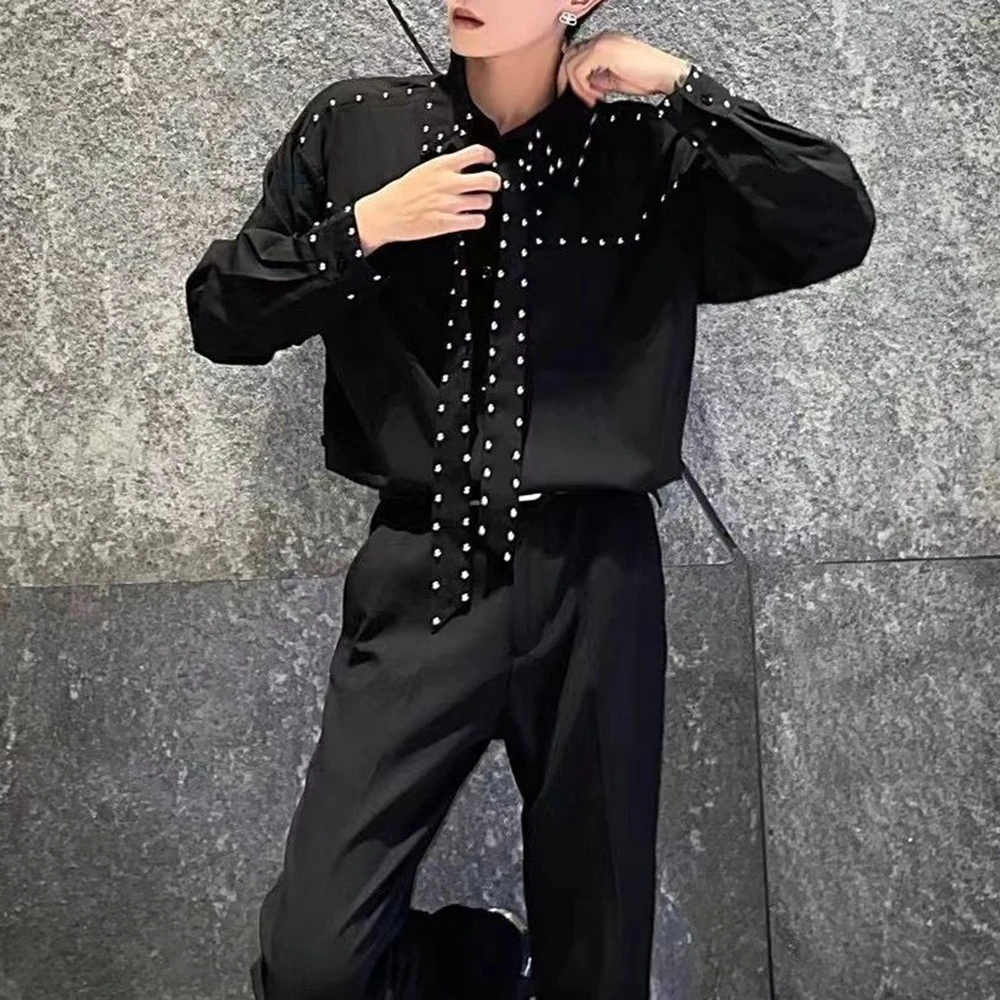 Mens Shirts Rivets Ribbons Casual Shirts Streetwear Trendy Niche Youth Campus Performance Long-Sleeved Tops Men'S Clothing 2025 - Image 3