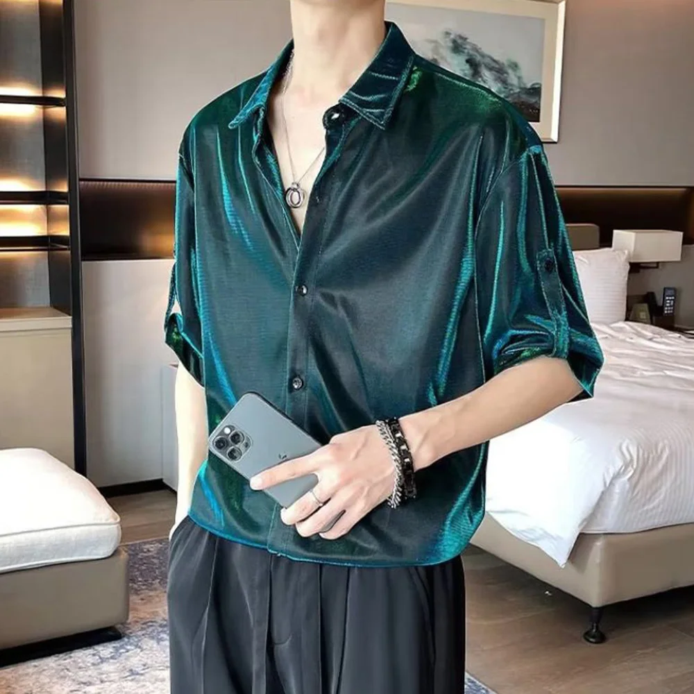 Men Y2k Satin Metallic Shirt Fashion Nightclub Harajuku Youth Personality Performance Clothing Short-Sleeve Tops Men 2024 Summer - Image 8