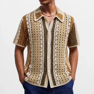 Summer New Men's Color Block Short-Sleeve Shirt American Retro Fashion Trendy Streetwear Vacation Loose Casual Niche Men's Top