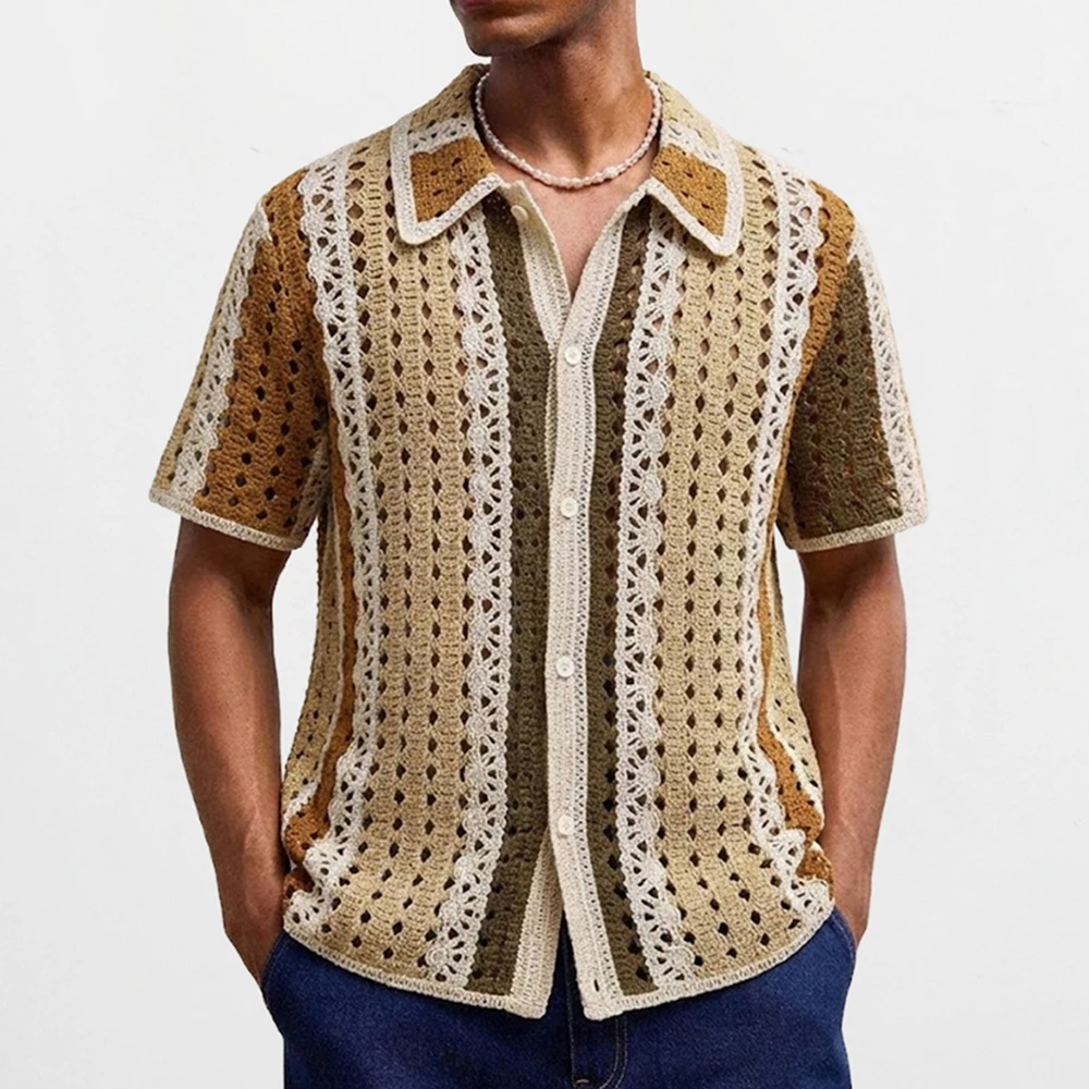 Summer New Men's Color Block Short-Sleeve Shirt American Retro Fashion Trendy Streetwear Vacation Loose Casual Niche Men's Top