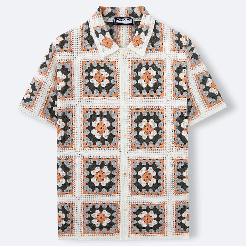 Summer New Men's Hollow-Out Short-Sleeve Shirt American Retro Fashion Trendy High Street Loose Casual Vacation Niche Men's Tops - Image 3