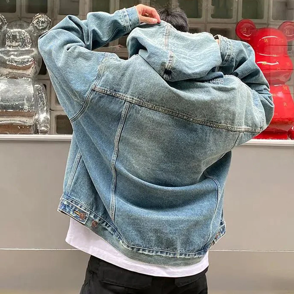 Mens Autumn Fashion Denim Washed Distressed Retro Hoodie Genderless Street Fashion Casual Loose Denim Sweatshirt Unisex - Image 4