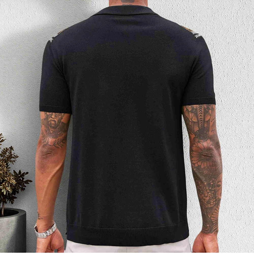 Summer Men's Color Matching Striped Jacquard Knitted Short-Sleeved Shirt Casual Fashion Trend Loose Breathable Daily Men's Tops - Image 4