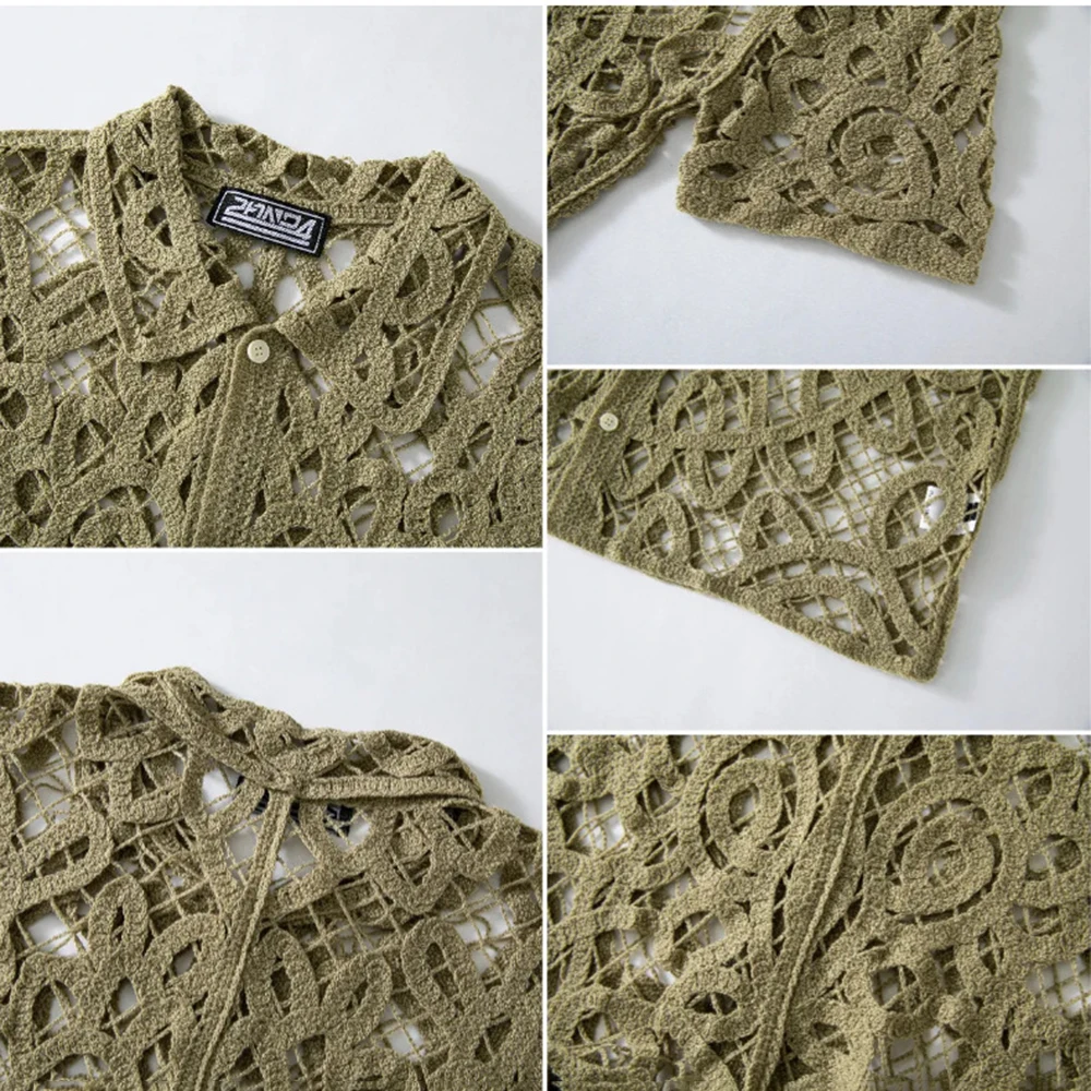 2026 Summer New Men's Solid Color Hollow-Out Short-Sleeve Shirt Retro Fashion Trendy Street Casual Loose Breathable Men's Top - Image 5
