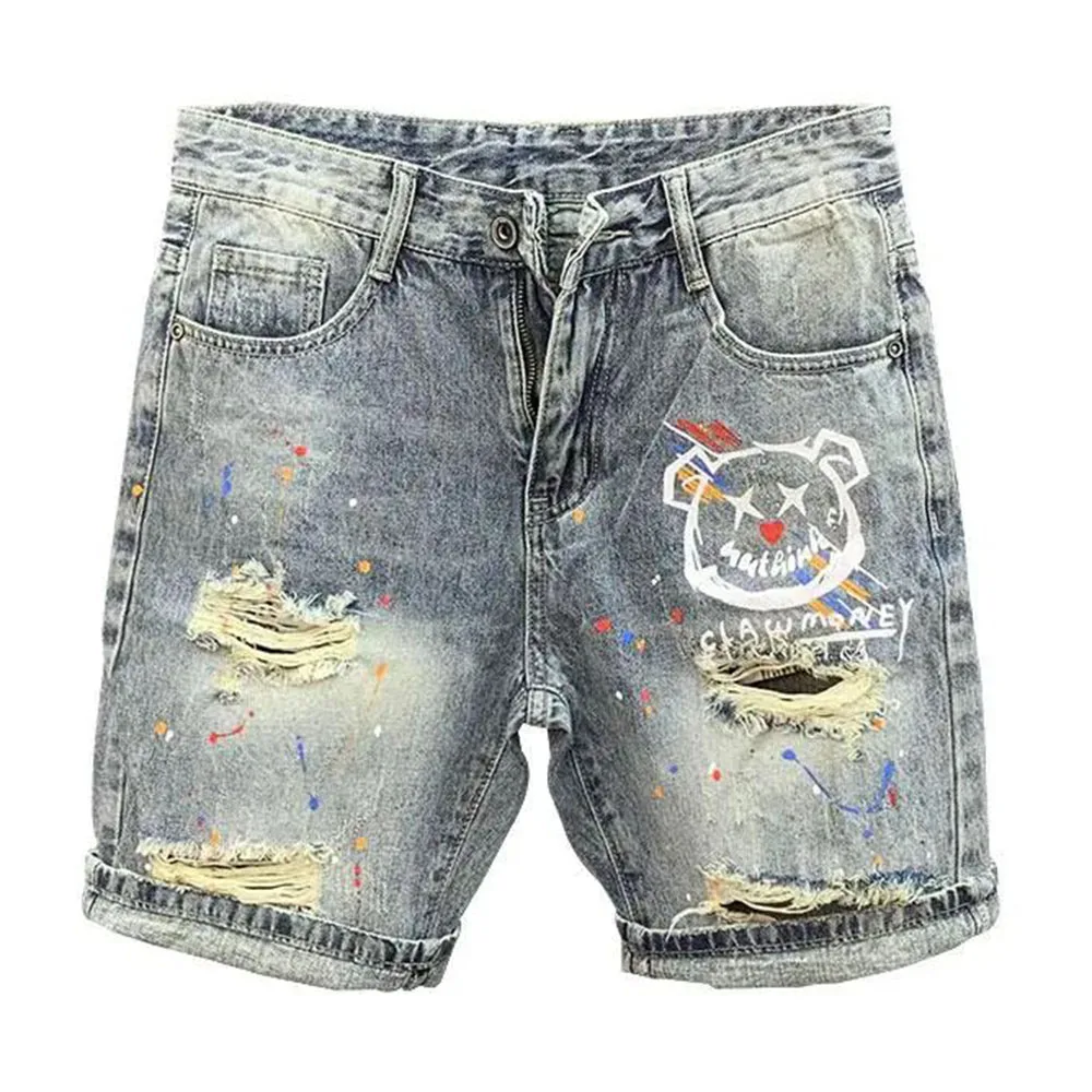 Cat Whiskers Ripped Denim Shorts Men's Personalized Print Splash Ink Summer New Korean Style Slim Fashion Five-Fifth Pant - Image 7