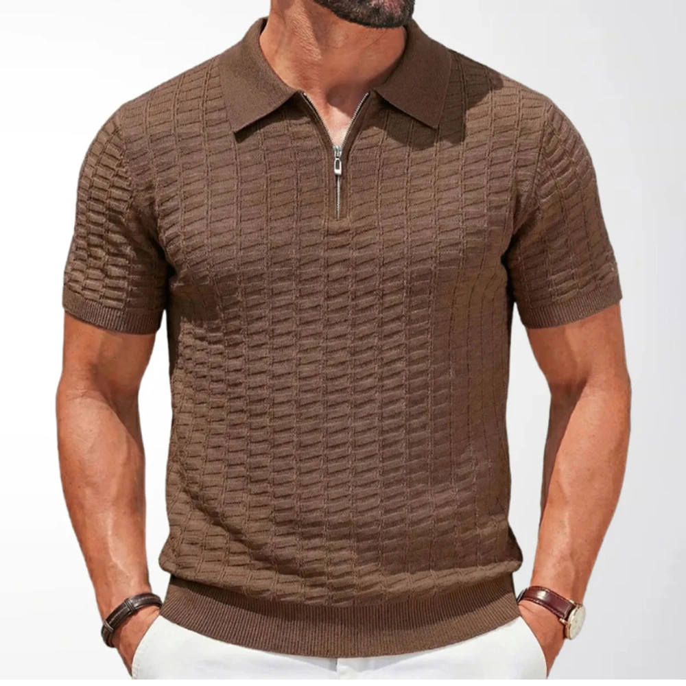 Summer New Men's Solid Color Zipper Short-Sleeve Polo Shirt Retro Fashion Trendy Casual Simple Loose Breathable Men's Top - Image 3
