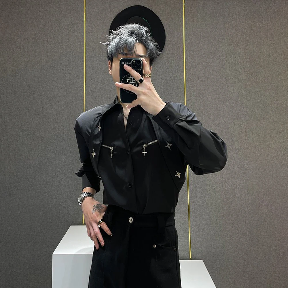 Mens Y2k Shirt Metallic Ribbon Casual Spring Street Fashion Nightclub Stage Outdoor Versatile Niche Top Men'S Clothing 2026 New - Image 3