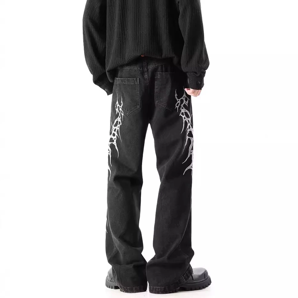 Hip-Hop Street Niche Loose Straight Y2k Jeans Mens American High Street Fashion Trend Leisure Heavy Embroidery Flared Trousers - Image 2