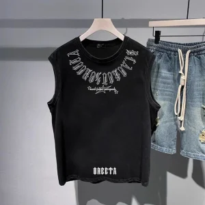 Mens Vest Cotton Trendy Letters Print Chic Tank Tops American High Street Fashionable Sports Casual Sleeveless Tops Summer New