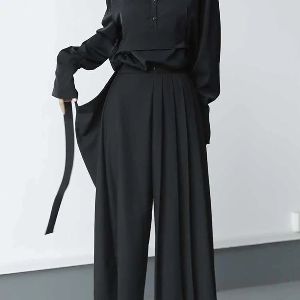 Double-layer Pleated Dark Loose Nine-point Wide-leg Pants Unisex Versatile High-waisted Tight-waisted Straight Culottes - Image 2
