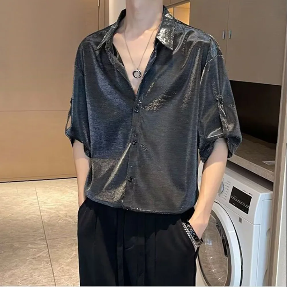 Men Y2k Satin Metallic Shirt Fashion Nightclub Harajuku Youth Personality Performance Clothing Short-Sleeve Tops Men 2024 Summer - Image 7