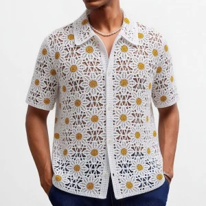 2026 Summer New Men's Hollow-Out Short-Sleeve Shirt American Retro Fashion Trendy Street Casual Breathable Loose Men's Top