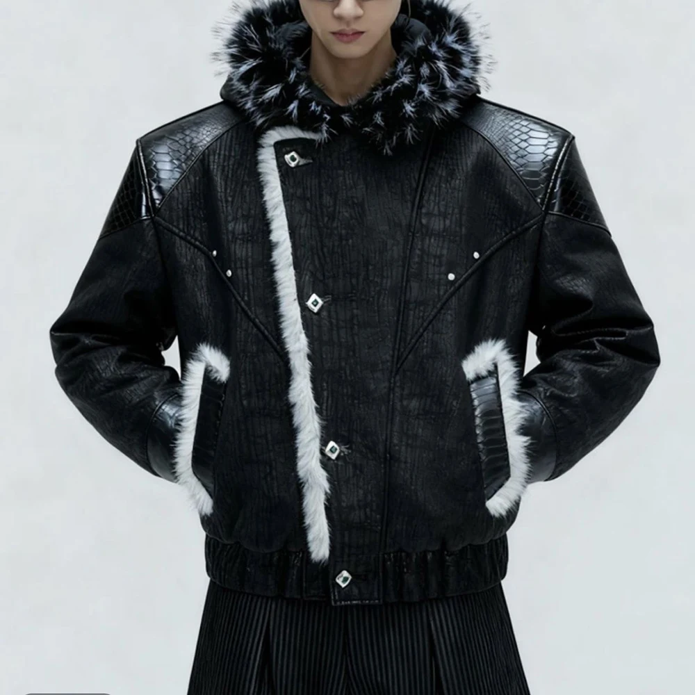 Mens Spring Jacket Pu Leather Patchwork Thickened Faux Fur Hooded Jacket Streetwear Fashion Fluffy Niche Top Men'S Clothing 2026