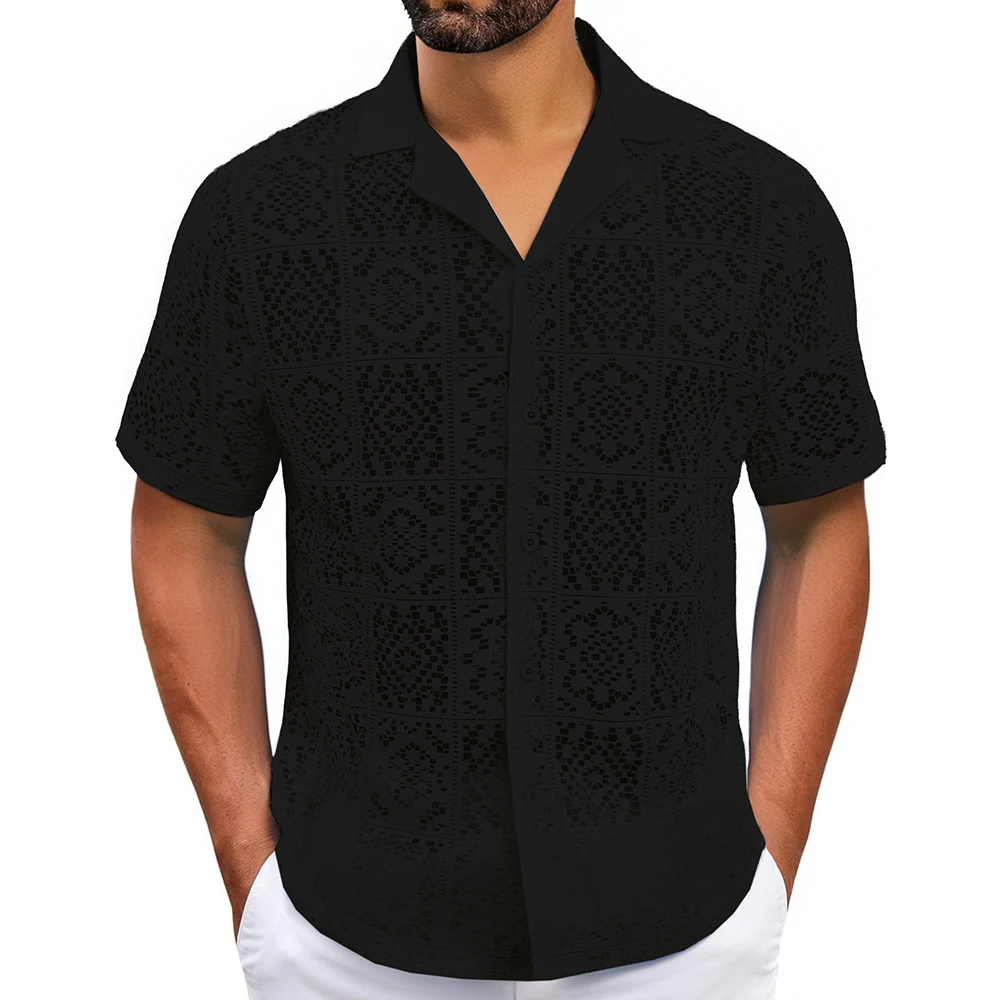 Summer New Men's Knitted Lace Hollow Short-Sleeved Shirt American Retro Fashion Trend Loose Casual Breathable Niche Men's Tops - Image 3