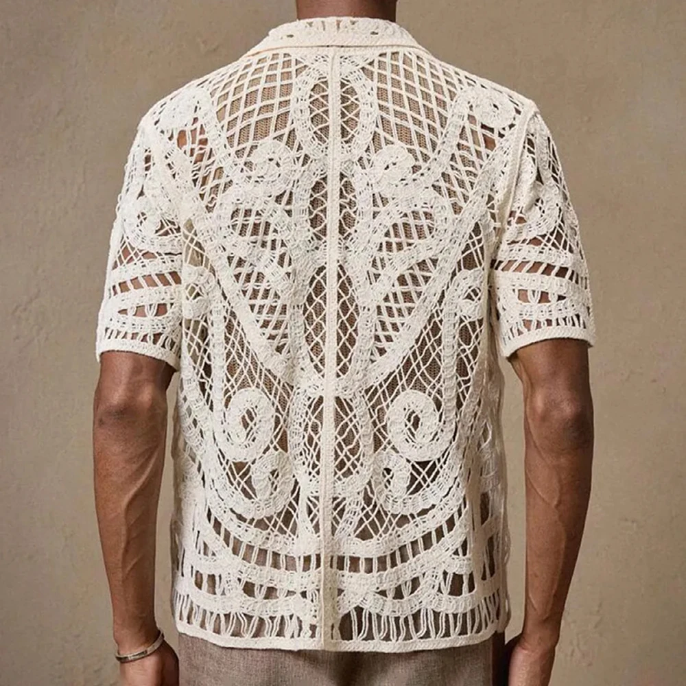 Men's Solid Color Hollow Knitted Short-Sleeved Shirt Retro Fashion Trend Loose Casual Breathable Niche Summer New Men's Tops - Image 3