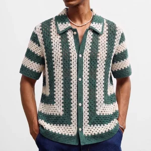 2026 Summer New Men's Hollow-Out Short-Sleeve Shirt American Retro Fashion Trendy Street Casual Loose Fit Niche Men's Top