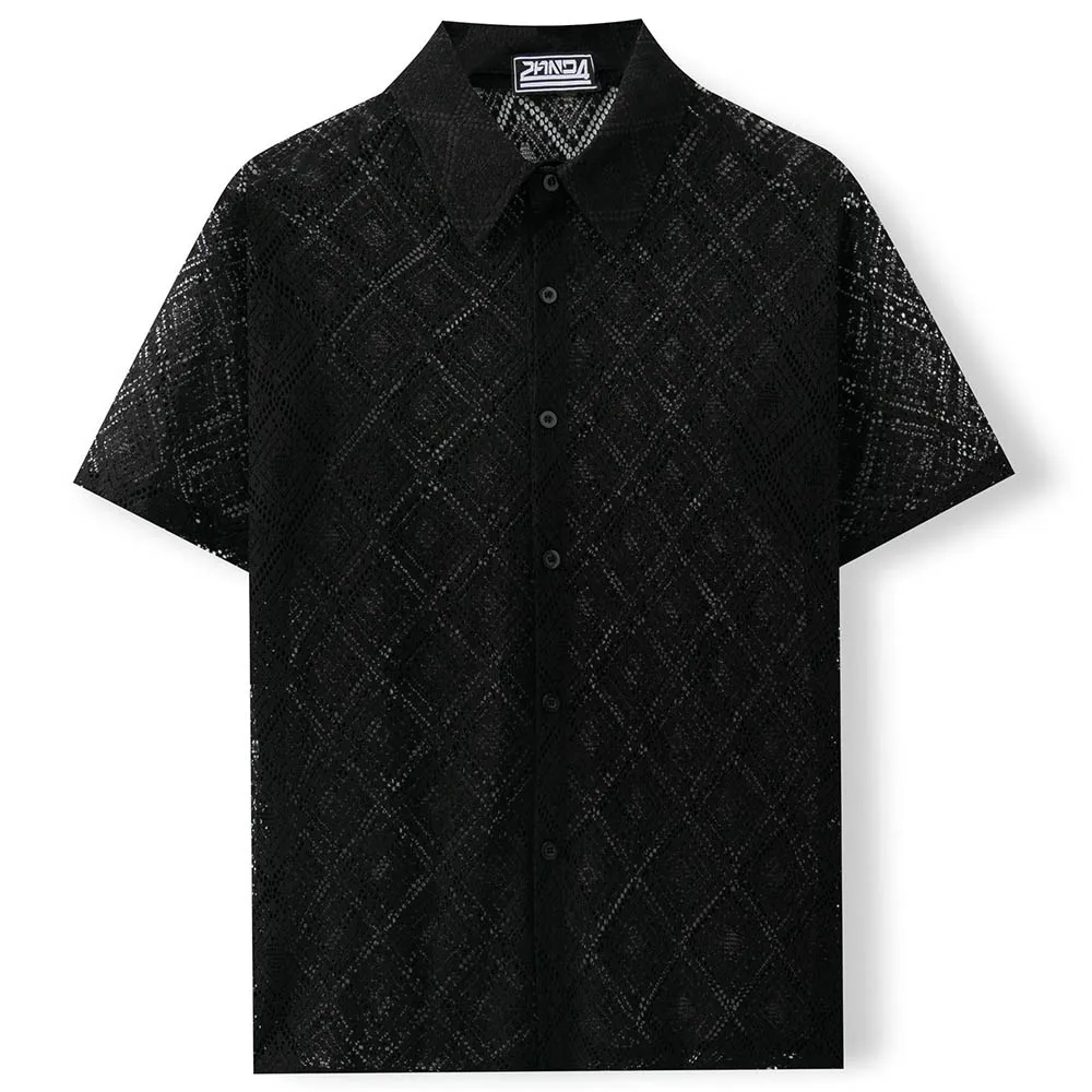 Men's Solid Color Jacquard Hollow Short-Sleeved Shirt American Retro Fashion Trend Loose Breathable Casual Niche Men's Tops - Image 4