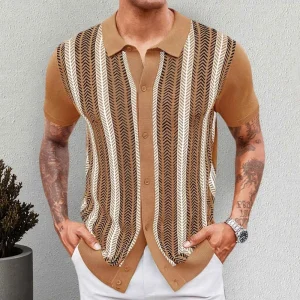 Summer Men's Color Matching Striped Jacquard Knitted Short-Sleeved Shirt Casual Fashion Trend Loose Breathable Daily Men's Tops